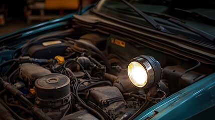 Fototapeta premium A mechanic's flashlight shining onto an engine bay for fan belt removal.