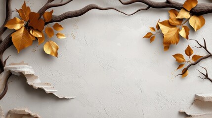 Elegant wall decoration featuring golden leaves and branches against a textured light background