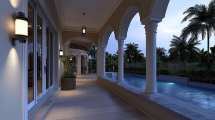 Obraz premium Serene evening view of a luxurious outdoor corridor with pool and tropical landscape