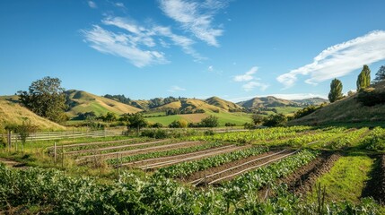 Fototapeta premium A vegetable garden in a rural setting, with rolling hills and blue skies forming the background 