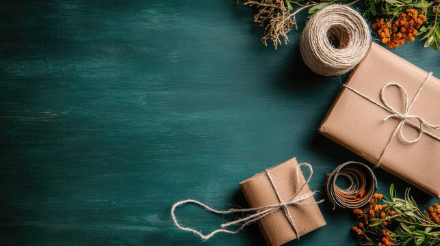 Rustic gifts, twine, herbs, dark wood. Autumn crafting background