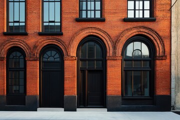 Fototapeta premium A historic brick building featuring elegant arched windows and striking black doors stands prominently in an urban environment, illuminated by daylight