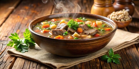 Warm, comforting beef and barley soup in a rustic bowl