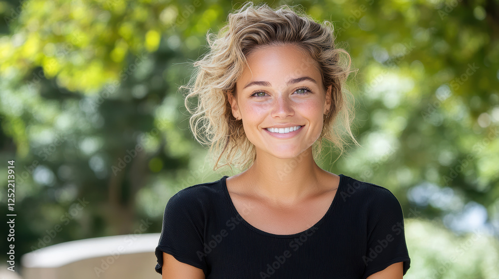 Wall mural cheerful woman with curly hair smiling outdoors in sunny setting