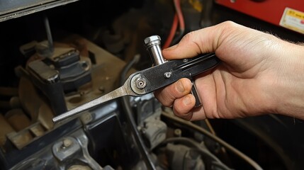 A multi-tool being used to loosen the serpentine belt tensioner.