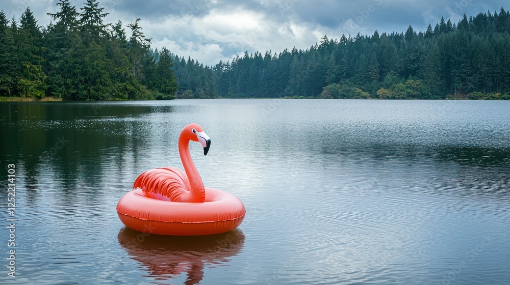 Poster A vibrant flamingo floatie relaxing on a calm lake with a peaceful landscape in the background. 
