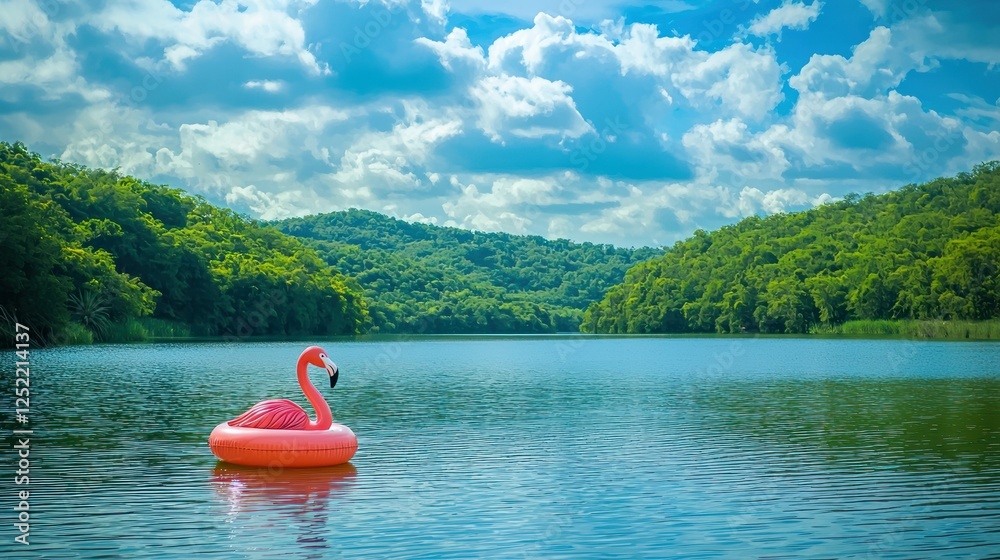Poster A vibrant flamingo floatie relaxing on a calm lake with a peaceful landscape in the background. 