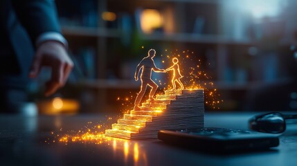A business person helps another up glowing stairs, symbolizing support and growth in a professional environment.