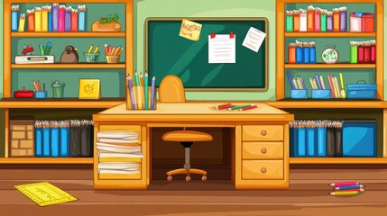 Organized Classroom Desk and Bookshelves