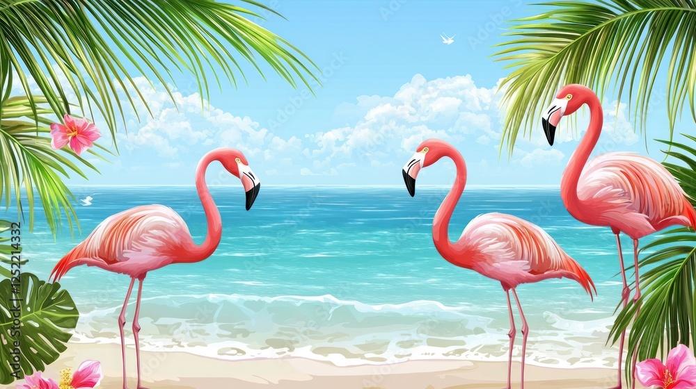 Aufkleber A vibrant flamingo vector set showing different views of the bird, surrounded by beach elements. 