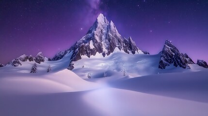 Snowy mountain peak under a majestic purple starlit night