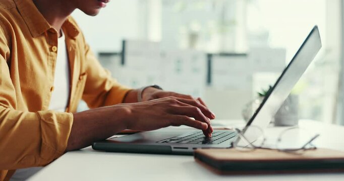 Office, hands and man on laptop for web design, research and online for software tools. Business, freelancer and front end developer with digital for ux information, seo report and review by closeup