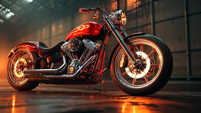 3D render of a red chopper motorcycle with orange flames on the side, in an empty dark warehouse, with orange and yellow lights shining from behind it,