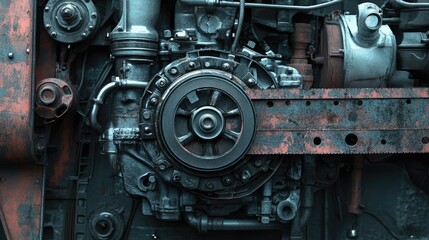 A removed fan belt hanging beside an engine ready for a new installation.