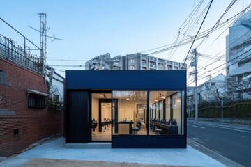 Modern workspace design combines glass elements with functionality in a vibrant urban setting at dusk, showcasing a unique architectural approach
