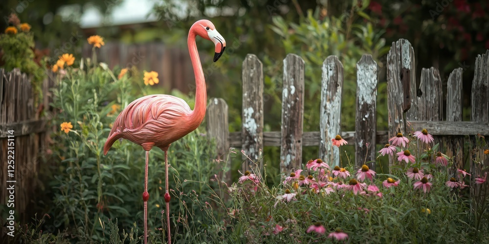 Poster a vintage yard flamingo placed in a rustic garden with wildflowers and rustic fencing.
