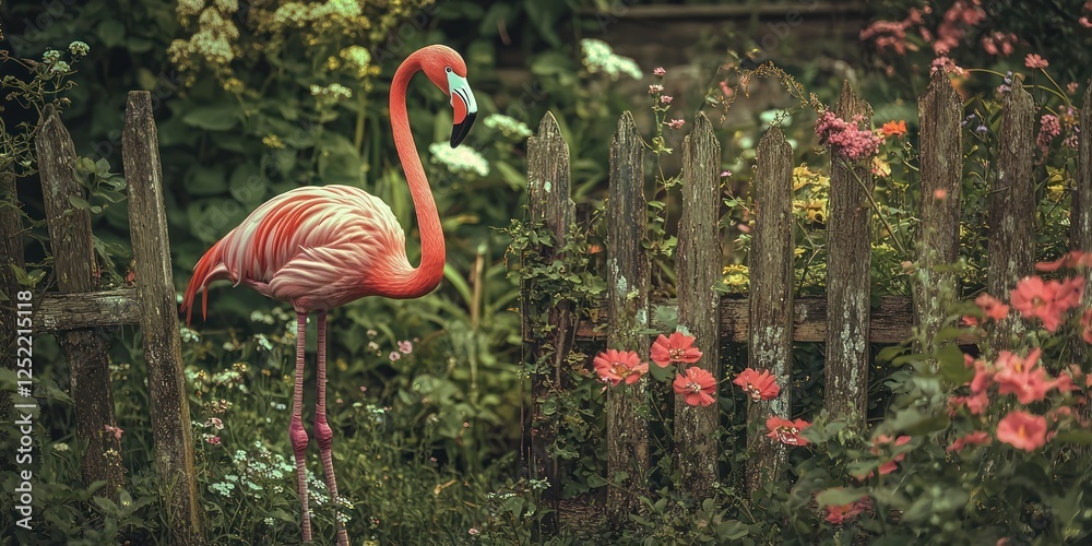 Poster a vintage yard flamingo placed in a rustic garden with wildflowers and rustic fencing.