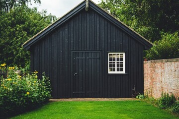 A charming black wooden cabin sits nestled in a serene garden, enveloped by lush greenery and vibrant flowers, all under a dreamy, cloudy sky.