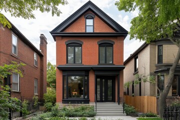 Obraz premium Modern brick house with black accents stands prominently in a residential area surrounded by lush greenery, showcasing meticulous landscaping and a welcoming entrance