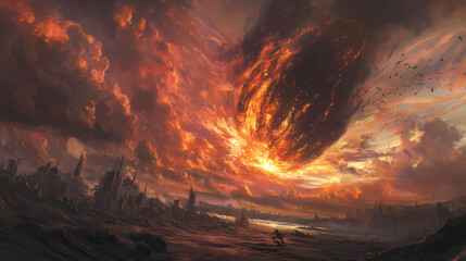 Fiery celestial body descends, apocalyptic clouds swirl. game background, fantasy art. Cursed Celestial Bodies. Illustration