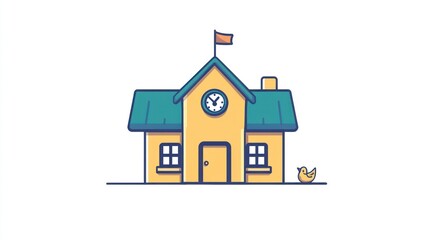 Cartoon school building, simple, flat design, minimal, background bird, educational concept, kids illustration, use for learning materials, poster, or social media