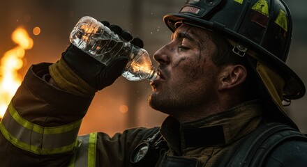 Firefighter drinking water amidst flames, showcasing bravery and resilience in a dramatic rescue scene