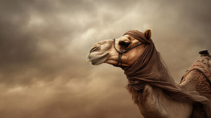 Majestic camel with headdress against dramatic cloudy sky