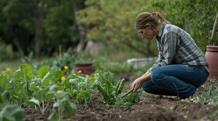 A woman kneeling to weed a vegetable garden, with tools and soil visible nearby. 