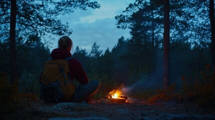 A young backpacker sitting near a campfire in a quiet forest at night, with stars visible in the sky. 