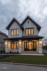 A stunning modern house featuring expansive windows and beautifully crafted landscaping stands out on a cloudy evening in a serene suburban neighborhood