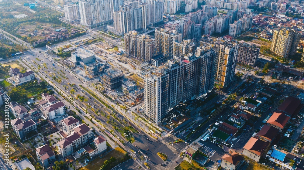 Poster Aerial view of a bustling urban area with multiple commercial property developments in progress. 