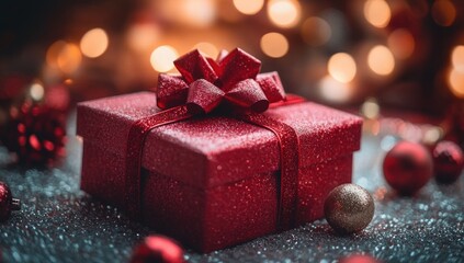 Beautifully Wrapped Red Gift Box with Glittery Ribbon and Soft Bokeh Lights for Festive Celebrations and Special Occasions