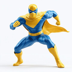 Naklejka premium 3d person wearing blue yellow superhero mask and striking power pose isolated on white background.