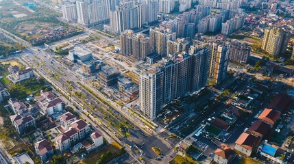 Fototapeta premium Aerial view of a bustling urban area with multiple commercial property developments in progress. 