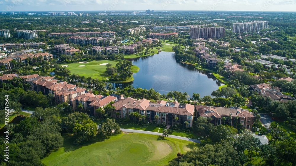 Poster Aerial view of a large residential property development surrounded by green spaces. 