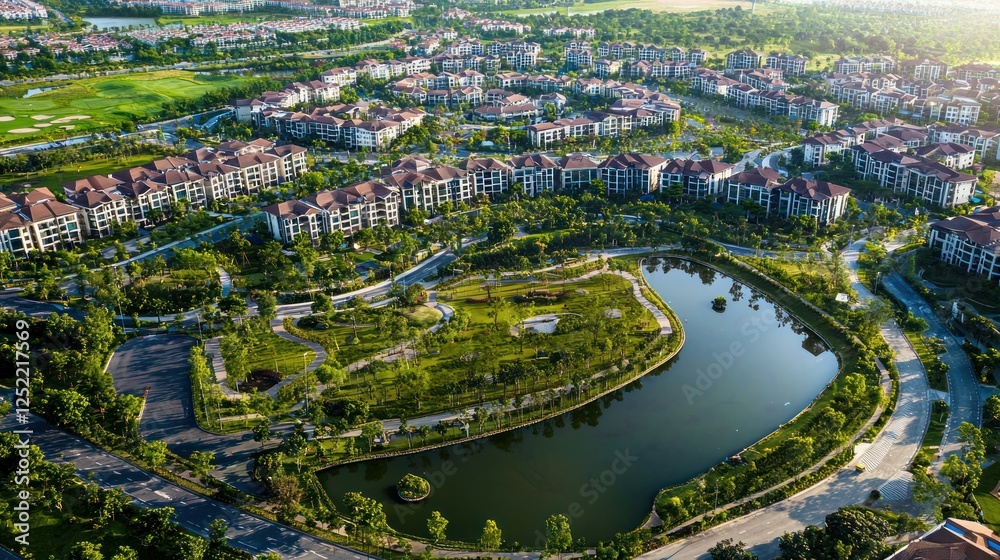 Poster Aerial view of a large residential property development surrounded by green spaces. 