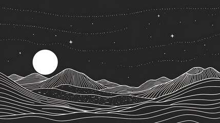 Nighttime Mountain Landscape Under a Full Moon and Stars