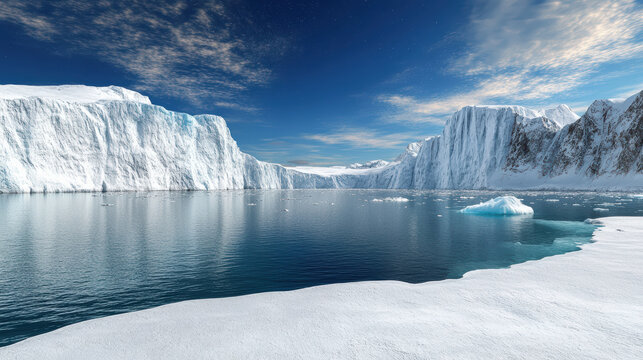 serene polar landscape featuring towering icebergs and calm waters