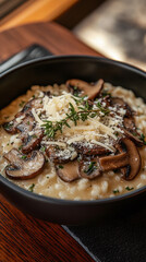 Exquisite bowl of creamy mushroom risotto served in matte black bowl with parmesan shavings and fresh thyme on top.