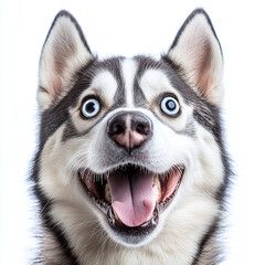 Obraz premium Energetic husky with wide eyes and hilarious grin on white background.