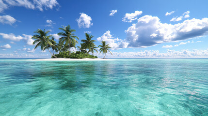 tropical island with palm trees surrounded by clear blue ocean water