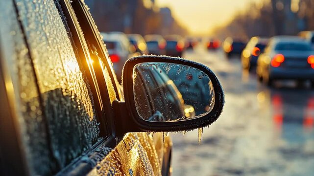 Close-up of a frozen car window with a reflection on the mirror, with cars driving in a blurred traffic background. Winter weather concept, close-up shot. High detail,