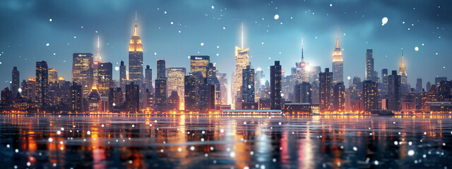 Obraz premium Breathtaking winter evening view of snow-covered New York City skyline adorned with festive lights