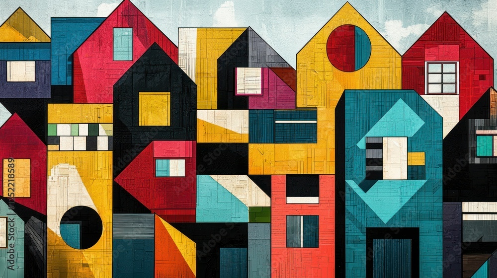 Poster An artistic interpretation of property development with geometric shapes and bold colors. 