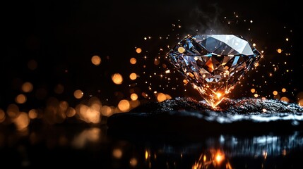 Sparkling diamond on a dark surface surrounded by shimmering particles and soft light effects