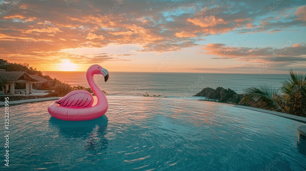 Aufkleber An inflatable flamingo floating in a sunset-lit infinity pool overlooking the ocean. 