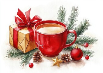 Christmas Scene Cozy Warm Drink Cup Gift Festive Decor Red Holiday Ornaments Pine Greenery