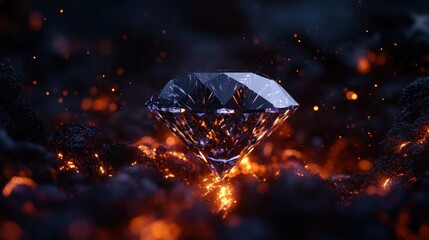 Obraz premium A brilliant diamond resting on molten lava, surrounded by glowing embers in a dramatic setting