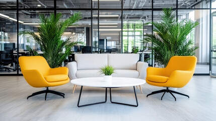 Fototapeta premium modern office space featuring cozy sofa and vibrant chairs, promoting collaboration