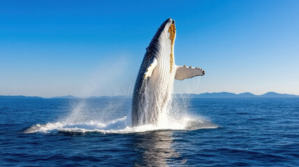 Naklejka premium whale breaching majestically off coast, showcasing its power and grace